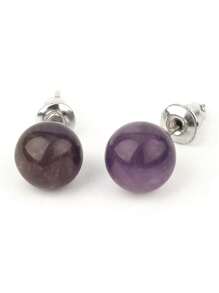 1 Par de pendientes de aro de cristal de piedra natural, bola redonda de cuarzo rosa, amatista de 8 mm, color plateado, joyería de moda simple para mujeres y niñas