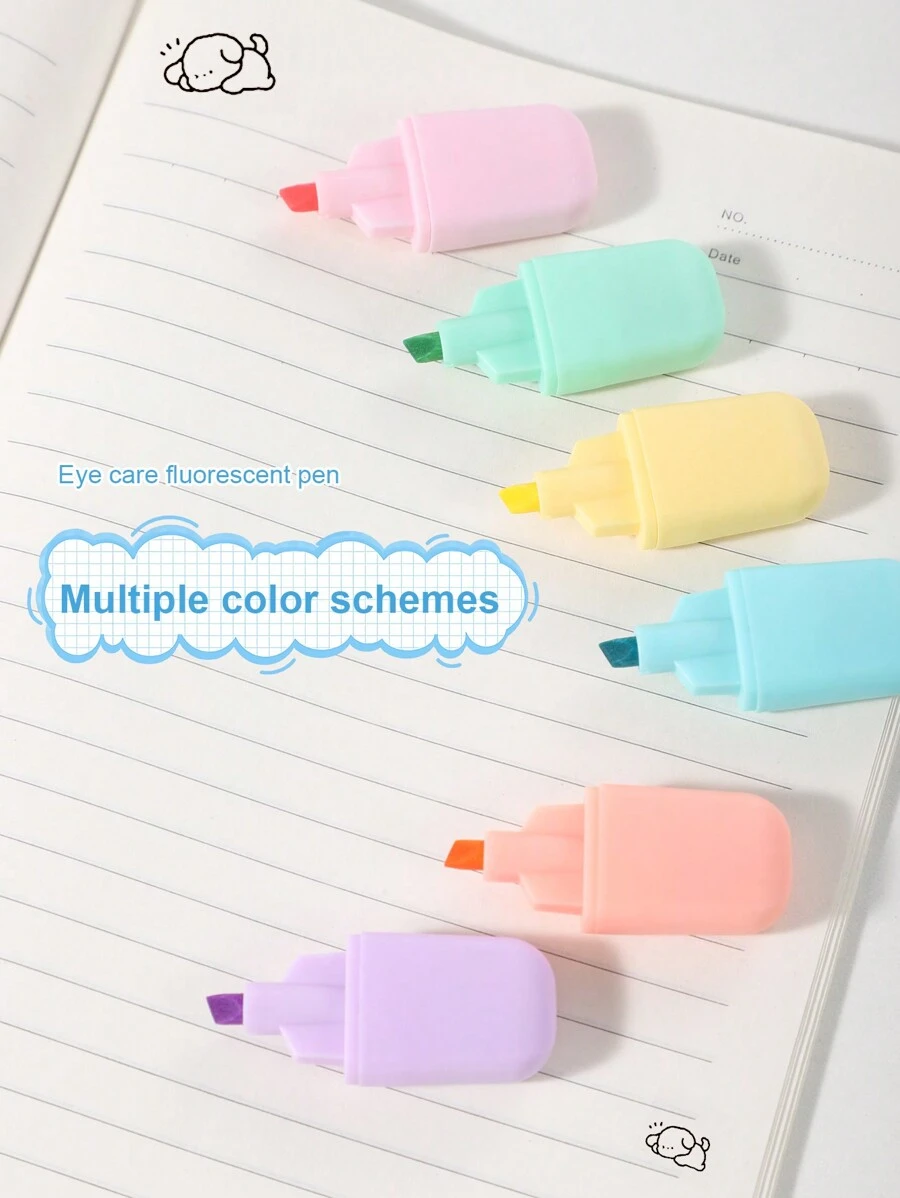 1set Mini 6 Colored Fluorescent Pen Set Featured Cartoon Character Images, Marker Pens Highlighters - Multicolor - View 1