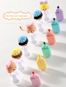 1set Mini 6 Colored Fluorescent Pen Set Featured Cartoon Character Images, Marker Pens Highlighters - Multicolor - View 2