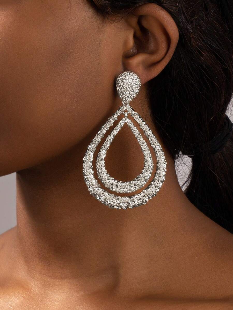 17KM 2 Piezas Pendientes De Declaración Geométrica Con Textura De Flor Y Forma De Gota De Agua - Plateado - Ver 1