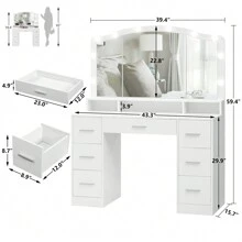 Vanity Desk With Large Lighted Mirror Valentine's Day Gift, 43.3" Makeup Vanity Table With 7 Drawers & 10 Lights Bulbs, 3 Lighting Colors, Make Vanity Desk, Vanity Table For Women Girls - 白色 - 查看 4