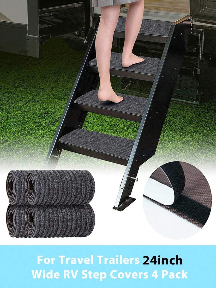 4pcs/set Rv Step Covers 24*7.5 Inches (61cm*19.05cm) Camper Step Cover, Rv Step Rug, Rv Step Carpet, Rv Stair Covers Compatible With Lippert|morryde Step For Travel Trailers, Motorhome - Dark Grey - View 1