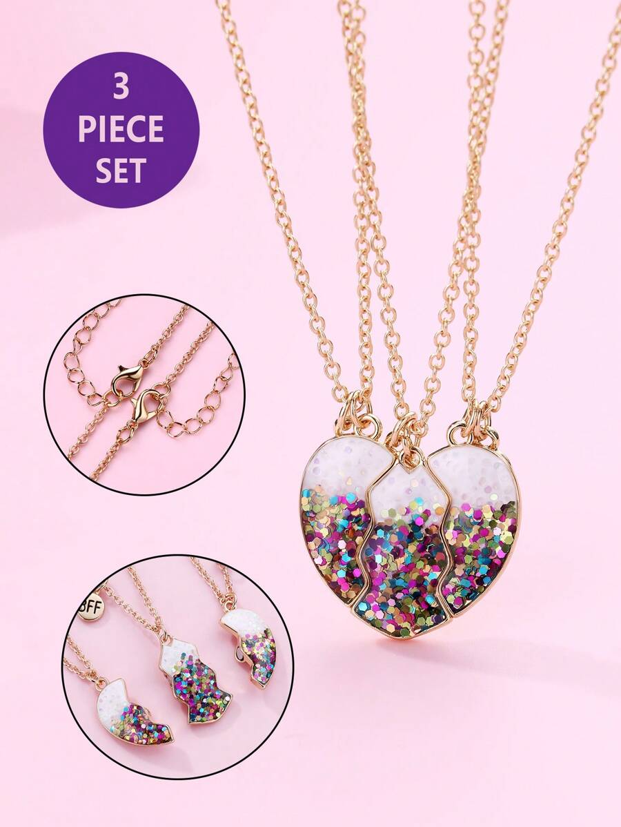 3入組女孩向鋅合金bff心形項鍊,帶有閃爍效果和磁扣,適用作最好的朋友生日禮物
