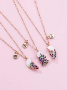 3入組女孩向鋅合金bff心形項鍊,帶有閃爍效果和磁扣,適用作最好的朋友生日禮物
