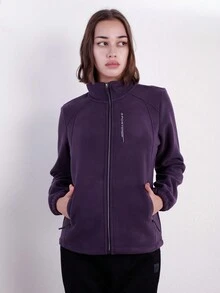 女款秋冬款刺繡口袋拉鍊330克極地絨風雨防登山戶外夾克外套,紫色