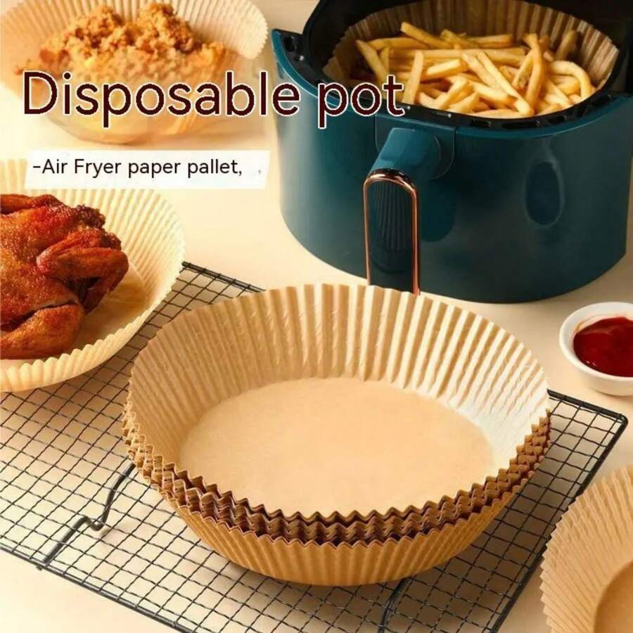 50/100pcs Air Fryer Liners, Oil-Absorbing Paper, Baking & Roasting Accessories With Silicone Round Paper Tray For Home Use Camping - Khaki - View 1