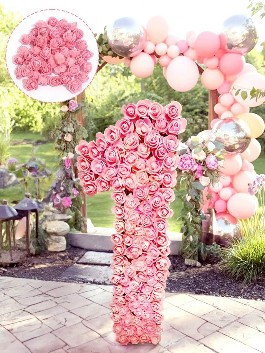 50入組粉色diy人造玫瑰花頭,生日派對仿真玫瑰花頭,結婚裝飾,發泡家居裝飾,嬰兒洗澡派對裝飾