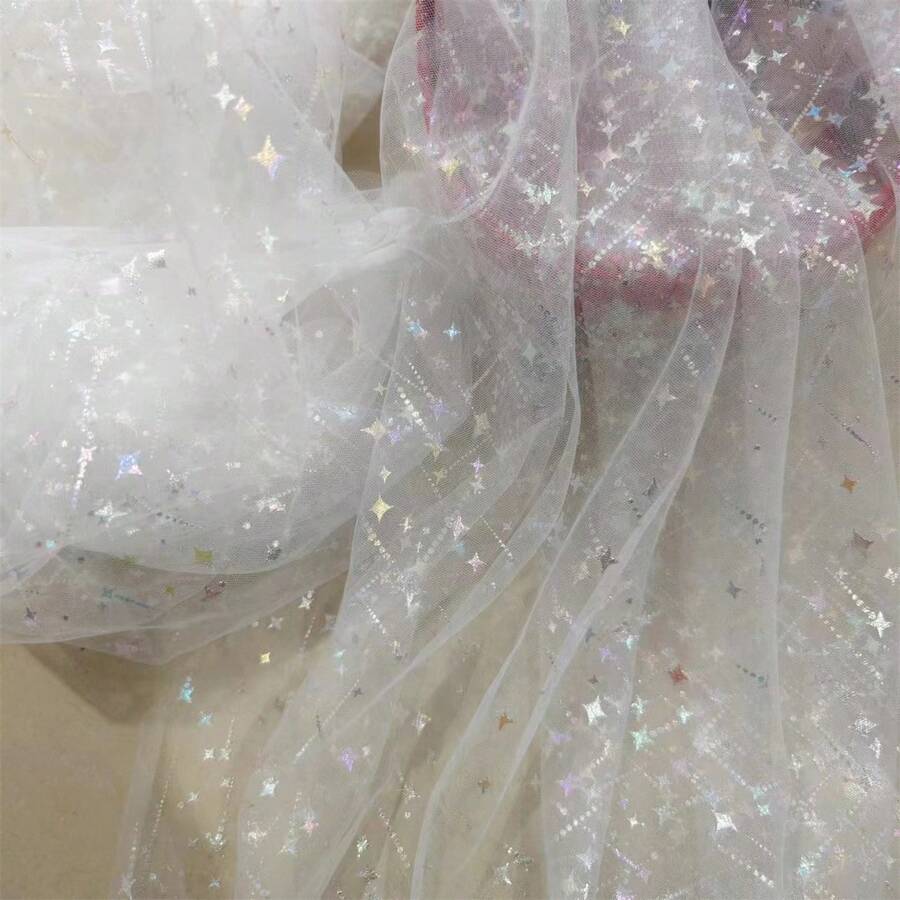 White Meteor Style Mesh Net Fabric, Sewing Material - White - View 1