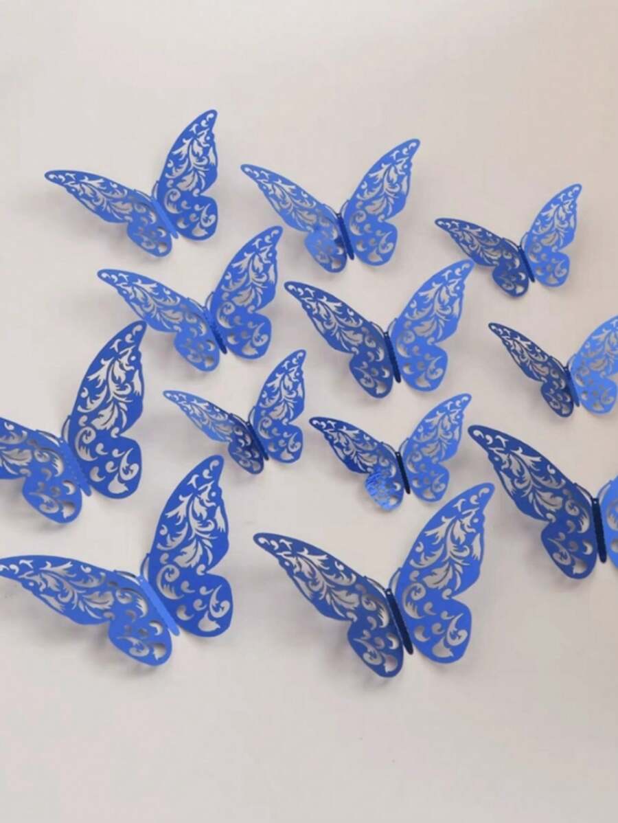 36 Pieces Colorful Three-Dimensional Hollow Butterflies Stickers For Art Home Party Wall Decoration Background Wall - 藍色 - 查看 1