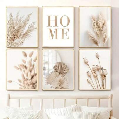 6pcs Beige Painting Wall Art Set, Pampas Grass Poster, Dry Grass Wall Painting, Reed Wall Mural, Leaf Wall Art, Fan Leaf Print, Plant Specimen Museum Art Print, Nordic Wall Poster, Home Decor, Frameless