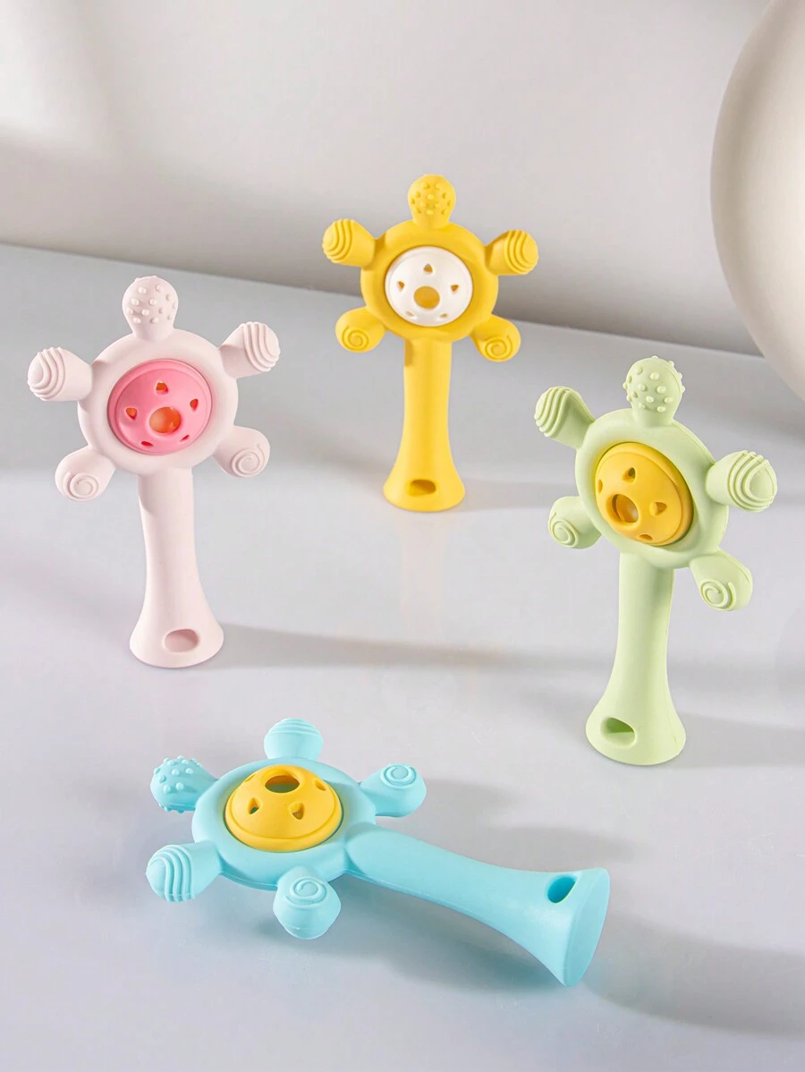1pc Baby Rattle Teether Toy, Silicone Material, Suitable For Teething Period Grab Training - Blue - View 1