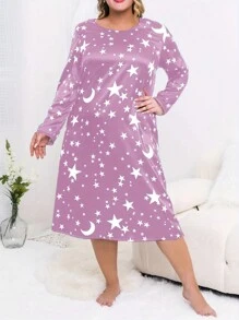 1 件簡單星星印花舒適大尺碼女緞面家居服,秋冬 - 淡紫色 - 查看 1