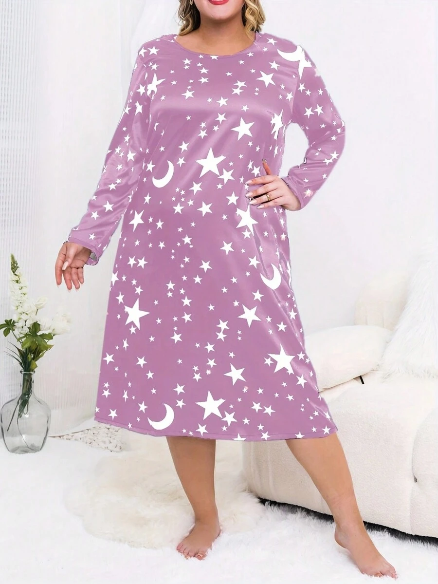 1 件簡單星星印花舒適大尺碼女緞面家居服,秋冬 - 淡紫色 - 查看 1