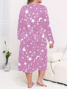 1 件簡單星星印花舒適大尺碼女緞面家居服,秋冬 - 淡紫色 - 查看 2