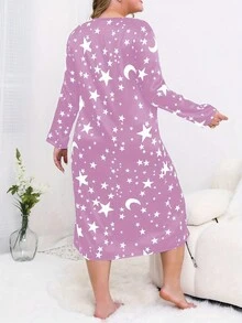 1 件簡單星星印花舒適大尺碼女緞面家居服,秋冬 - 淡紫色 - 查看 5