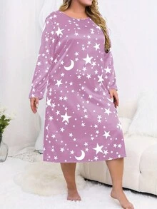 1 件簡單星星印花舒適大尺碼女緞面家居服,秋冬 - 淡紫色 - 查看 3