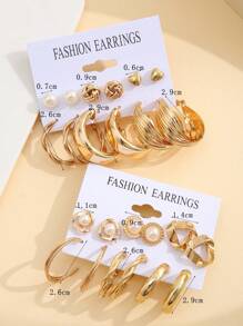 24入組簡約鑽石、人造珍珠、幾何形狀金屬耳針,適用於假期、約會、禮物和日常佩戴 - 金黃色 - 查看 4