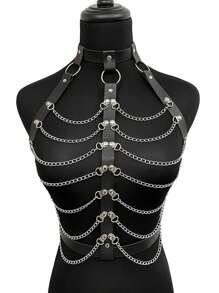 1件装PU皮革胸带，带链条，哥特风身体链，情人节礼物，女士配饰 - 黑色 - 查看 2