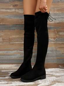 过膝粗跟高筒靴，新款秋冬高跟长筒骑士靴，女款弹力高筒黑色平底靴