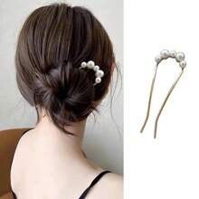 1pc Ladies' Gold-Tone Faux Pearl Decor U-Shaped Hairpin, Fashionable And Elegant Bun Maker, High-End Hair Accessory For Daily Use Bun Hair Piece Hair Styling Pins, School Stuff, Pearl Hair Accessories, Wedding Items