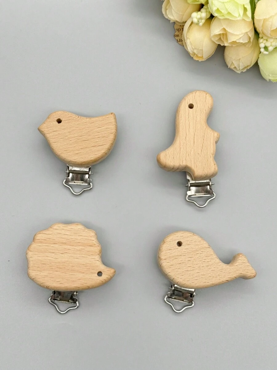 4 Piezas Abrazadera De Chupete De Haya Para Hacer Diy, Clip De Chupete De Madera De Animales De Dibujos Animados, Accesorios De Cadena De Chupete - juego de 4 piezas de 5 - Ver 1