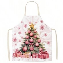1件粉紅色聖誕圖案烹飪圍裙,亞麻粉紅色創意印花防油圍裙,適用於廚房 - 粉色 - 查看 7