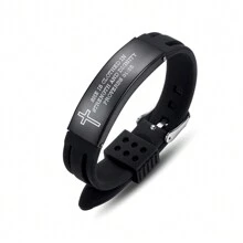 1pc Unisex Adjustable 6.7-8.5 Inch Sports-style Stainless Steel Silicone Bracelet Engraved With Cross And Quotes, Suitable As Festival, Inspirational Gift - Black - View 13
