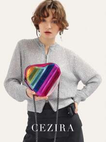 CEZIRA CEZIRA Heart Decor Double Handle Purse Elegant Solid Color Handbag Women's Zipper Shoulder Bag For Work Novelty Heart Shape Purse Contrast Color Rainbow Stripe Women PU Vegan Leather Shoulder Bags Long Chain Cross Body Handbags, Fashionable Rainbow Bag, Fashionable Colorful Purse For Women, Fashionable Heart Purse, Perfectly Match With Valentine's Day Dress