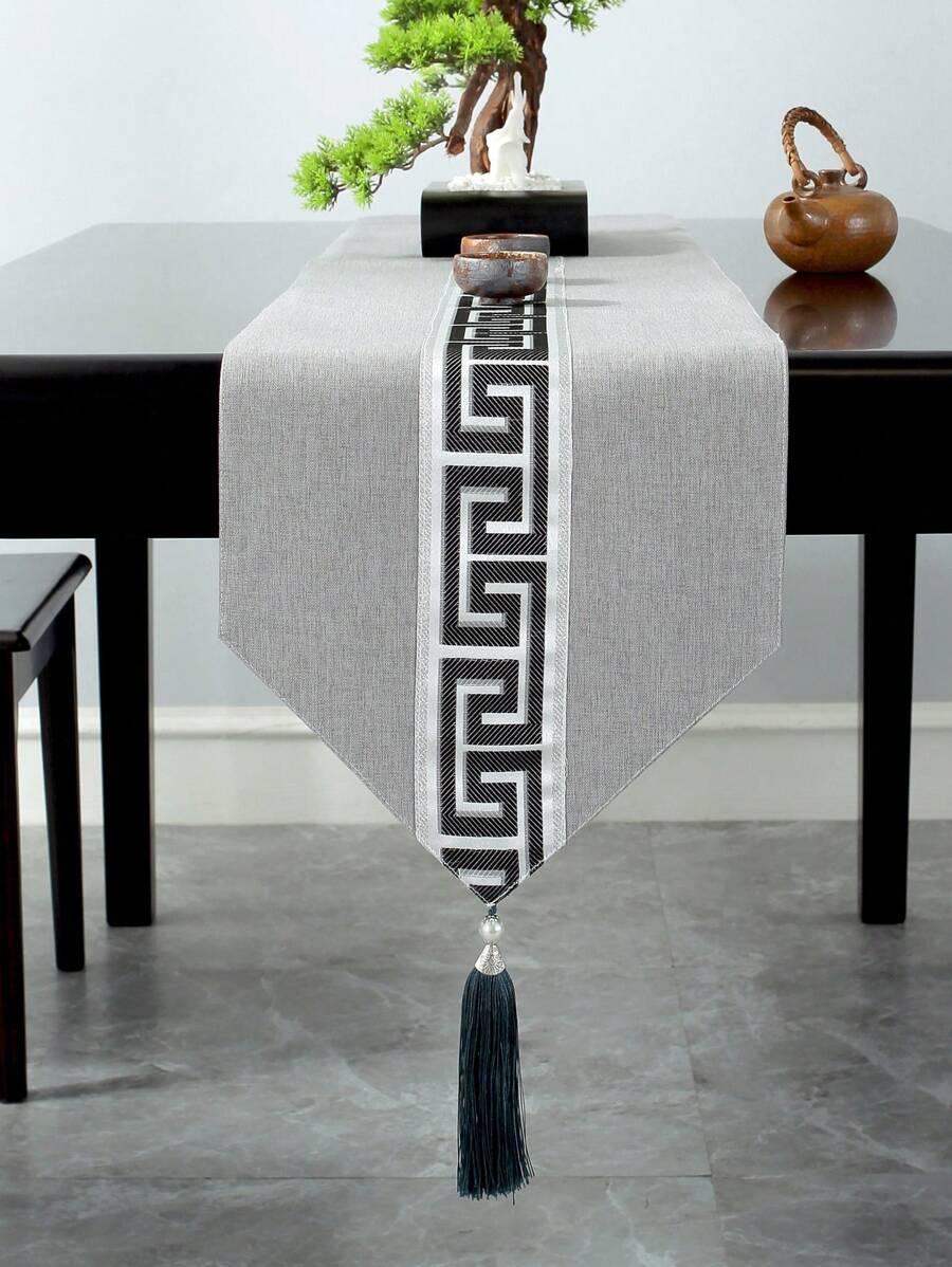 1入新中式幾何圖案桌旗,防水茶几桌布,適用於輕奢茶几,長桌布