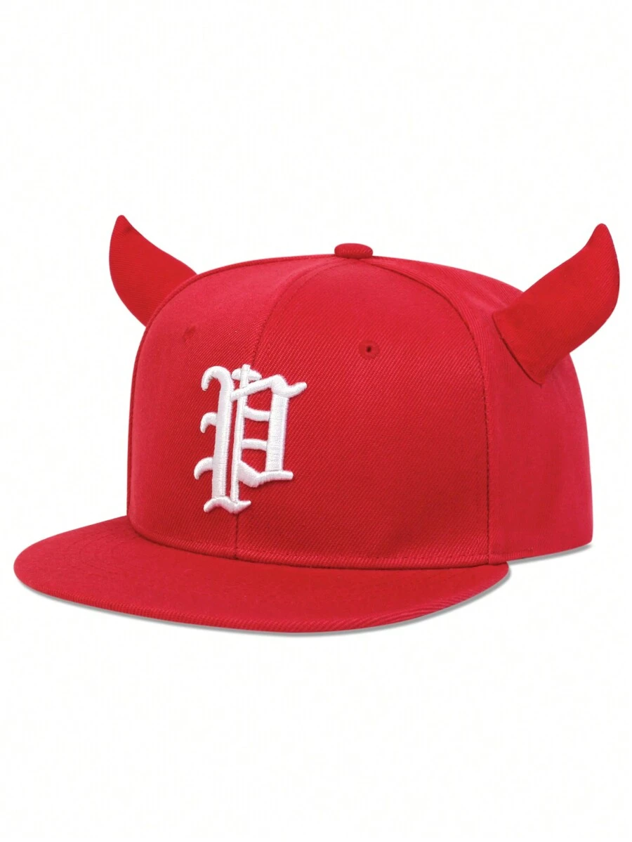 1 pieza Gorra casual ajustable de protección solar para hombres con bordado de letras con cuernos góticos para primavera, otoño y Halloween - Rojo - Ver 1