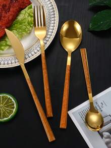 4pcs/24pcs Retro Stainless Steel Flatware Set With Wood Grain Handle, Including Steak Knife, Desert Spoon, Suitable For Kitchen, Hotel, Restaurant, Afternoon Tea And Party Tableware Set - Multicolor - View 7