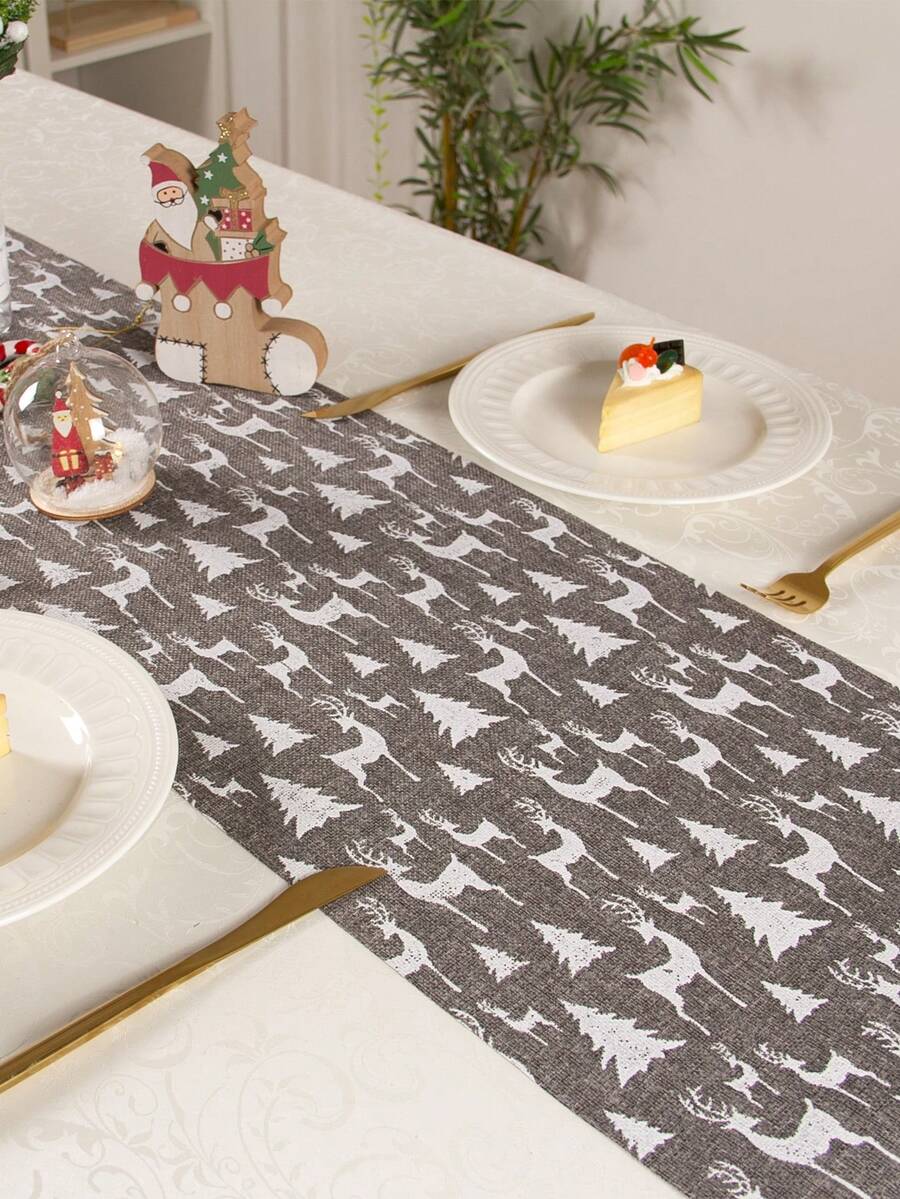 聖誕節桌旗家居裝飾格子麋鹿和聖誕樹印花桌墊,深灰色,防燙保溫 - 深灰色 - 查看 1