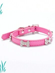 Pet Collar With Six Rhinestone Bone Decoration Exquisite And Shiny Dog Collar - Hot Pink - View 1