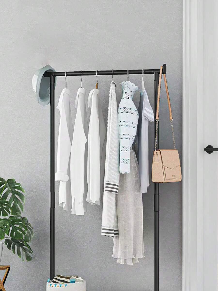 1pc Single Rod Thickened Freestanding Metal Coat Rack With Hooks And Wheels For Indoor Storage And Organization - Black - View 1