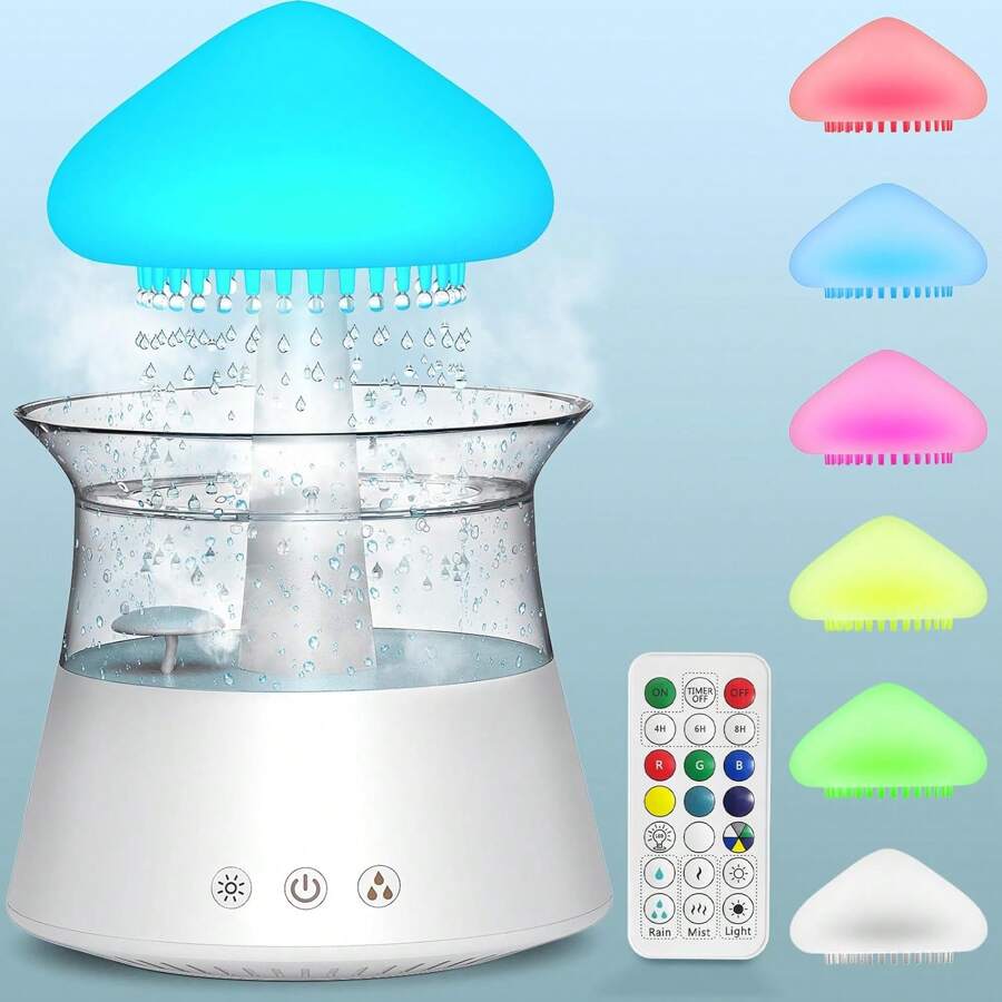 Rain Cloud Humidifier Diffuser Water Drip Humidifier with Remote Waterfall Lamp Mushroom