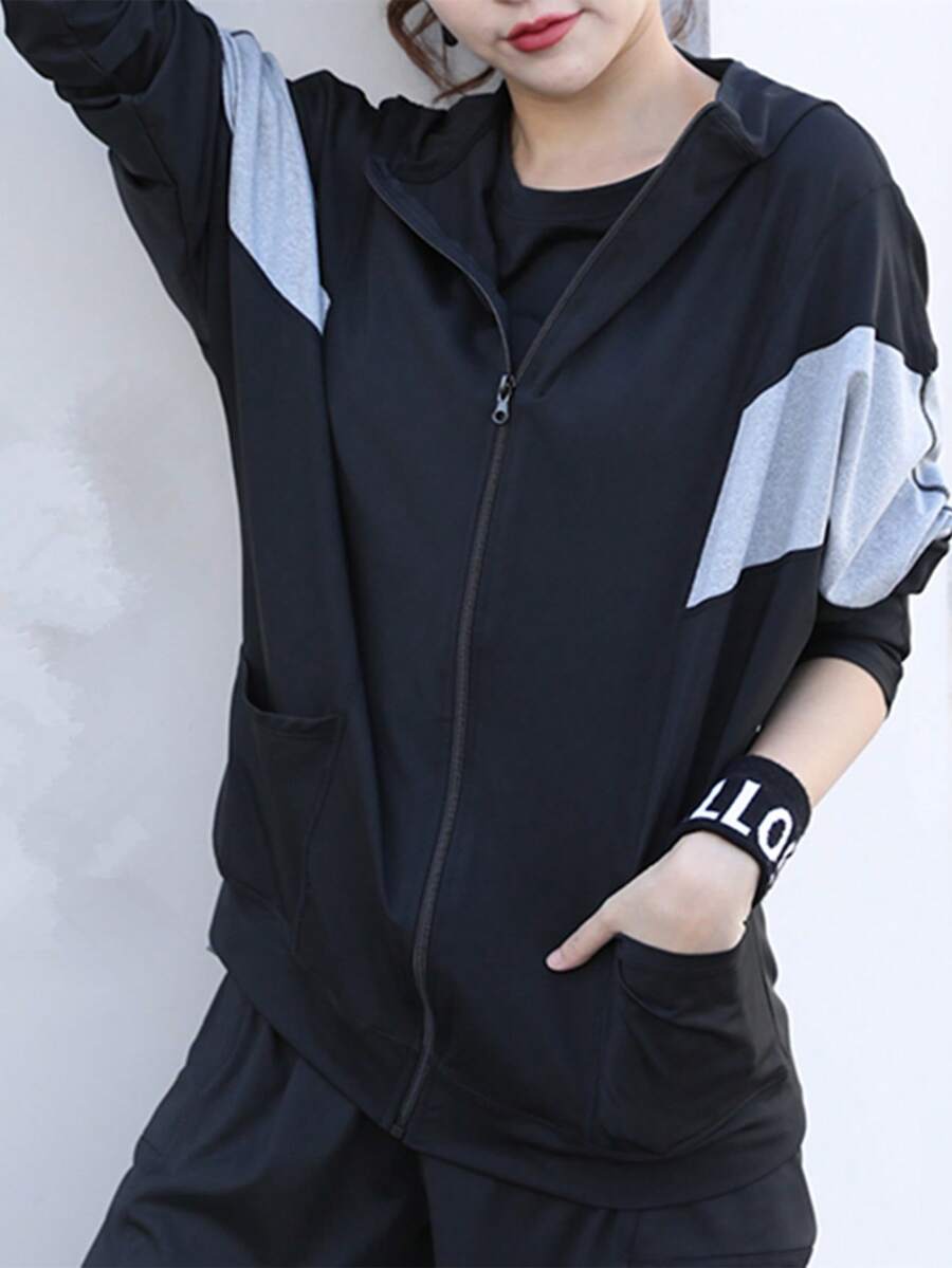 女士長袖口袋運動服,戶外跑步連帽夾克