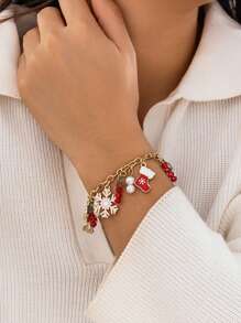 1個時尚的金色合金聖誕襪,雪花和鈴鐺形吊飾手鏈,適合女性和情侶配戴,適用於聖誕節、日常穿戴、珠寶禮物 - 金色 - 查看 3