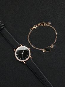 1 pieza Reloj de pulsera de cuarzo con correa simple y elegante con esfera pequeña + 1 pieza Pulsera con forma de corazón (Set de 2 piezas) para San Valentín