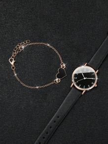 1 pieza Reloj de pulsera de cuarzo con correa simple y elegante con esfera pequeña + 1 pieza Pulsera con forma de corazón (Set de 2 piezas) para San Valentín
