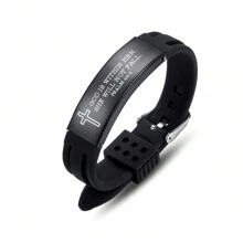 1pc Unisex Adjustable 6.7-8.5 Inch Sports-style Stainless Steel Silicone Bracelet Engraved With Cross And Quotes, Suitable As Festival, Inspirational Gift - Black - View 8