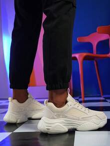 男士鞋子最新款冬季休闲运动鞋轻便减震厚底不常见户外增高单色厚底鞋学生跑步鞋百搭情侣鞋 - 米色 - 查看 5