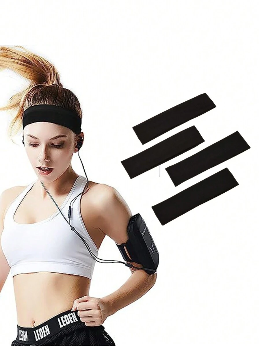 4 件黑色沐浴头带，简约纯色头带，适合锻炼、睡眠、健身、慢跑、瑜伽、面部化妆头带，适合浴室返校