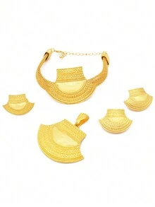 迪拜豪華鍍金珠寶套裝,適用於非洲新娘婚禮禮物、晚會頸鏈、耳環、戒指、手鍊珠寶套裝 - 金色 - 查看 3