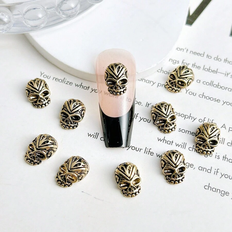 10 件装复古金色合金骷髅头美甲装饰 DIY