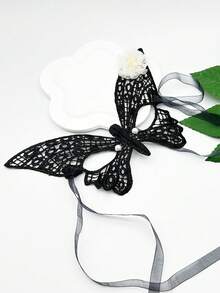 1pc Girls' Mesh Butterfly & Flower Design Lace Mask Face Covering, Multiple Colors Available - White - View 2