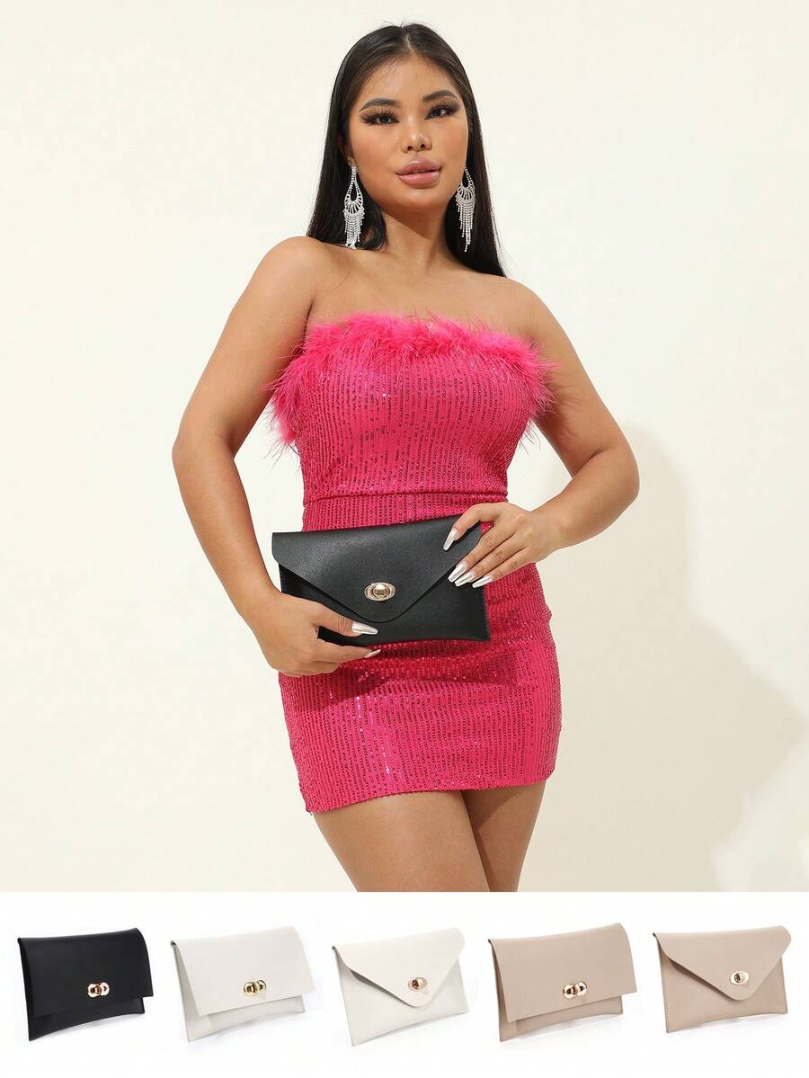 1 件仿羊皮紋雙面加厚 Pu 材質手拿包帶鎖扣,時尚信封包,適合工作、晚餐、休閒、派對、婚禮等。適合年輕女性、女士、辦公室女士、學生,可搭配各種服裝