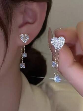17KM 2pcs Simple Heart & Rhinestone & Tassel Design Symmetrical Earrings For Women, Holiday Dating Gift Valentines,Mom,Mother,Mother's Day,Gift