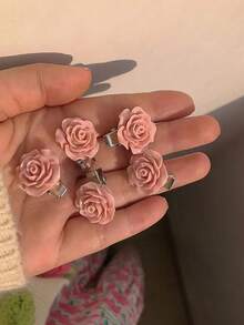 5入組甜美玫瑰粉色花形髮夾套裝,髮夾髮夾頭飾