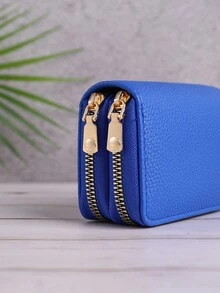 1pc Simple And Fashionable Blue Short Wallet With Double Zipper, Multiple Card Slots, Pu Card Holder For Outdoor Use - Blue - View 4