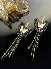 Andkiss 1對水晶&網眼&鑽石裝飾蝴蝶流蘇耳環 - 彩色 - 查看 3